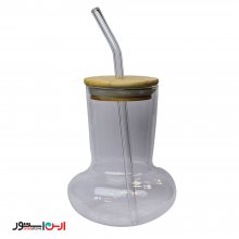 لیوان اسموتی پیرکس گلدانی با نی شیشه ای و درب بامبو