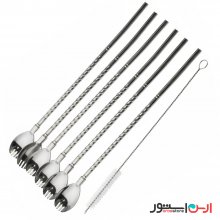 نی قاشقی استیل + نی‌شور (قاشق شربت خوری نی دار) ۶ تایی نگیر و رنگ ثابت مدل سر چنگال