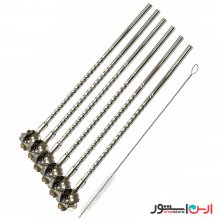 نی قاشقی استیل + نی‌شور (قاشق شربت خوری نی دار) ۶ تایی نگیر و رنگ ثابت مدل گل