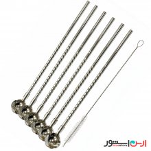 نی قاشقی استیل + نی‌شور (قاشق شربت خوری نی دار) ۶ تایی نگیر و رنگ ثابت مدل رز