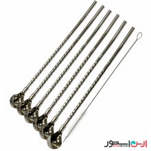 نی قاشقی استیل + نی‌شور (قاشق شربت خوری نی دار) ۶ تایی نگیر و رنگ ثابت مدل سر گرد