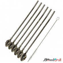 نی قاشقی استیل + نی‌شور (قاشق شربت خوری نی دار) ۶ تایی نگیر و رنگ ثابت مدل برگی