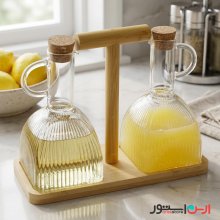 جا روغن و سرکه شیشه‌ای پیرکس با استند چوبی بامبو