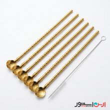 ست نی قاشقی استیل طلایی ۶ عددی به همراه فرچه شستشو مدل رز