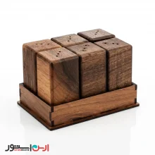 ست نمکدان چوبی گردو ۶ عددی همراه با استند